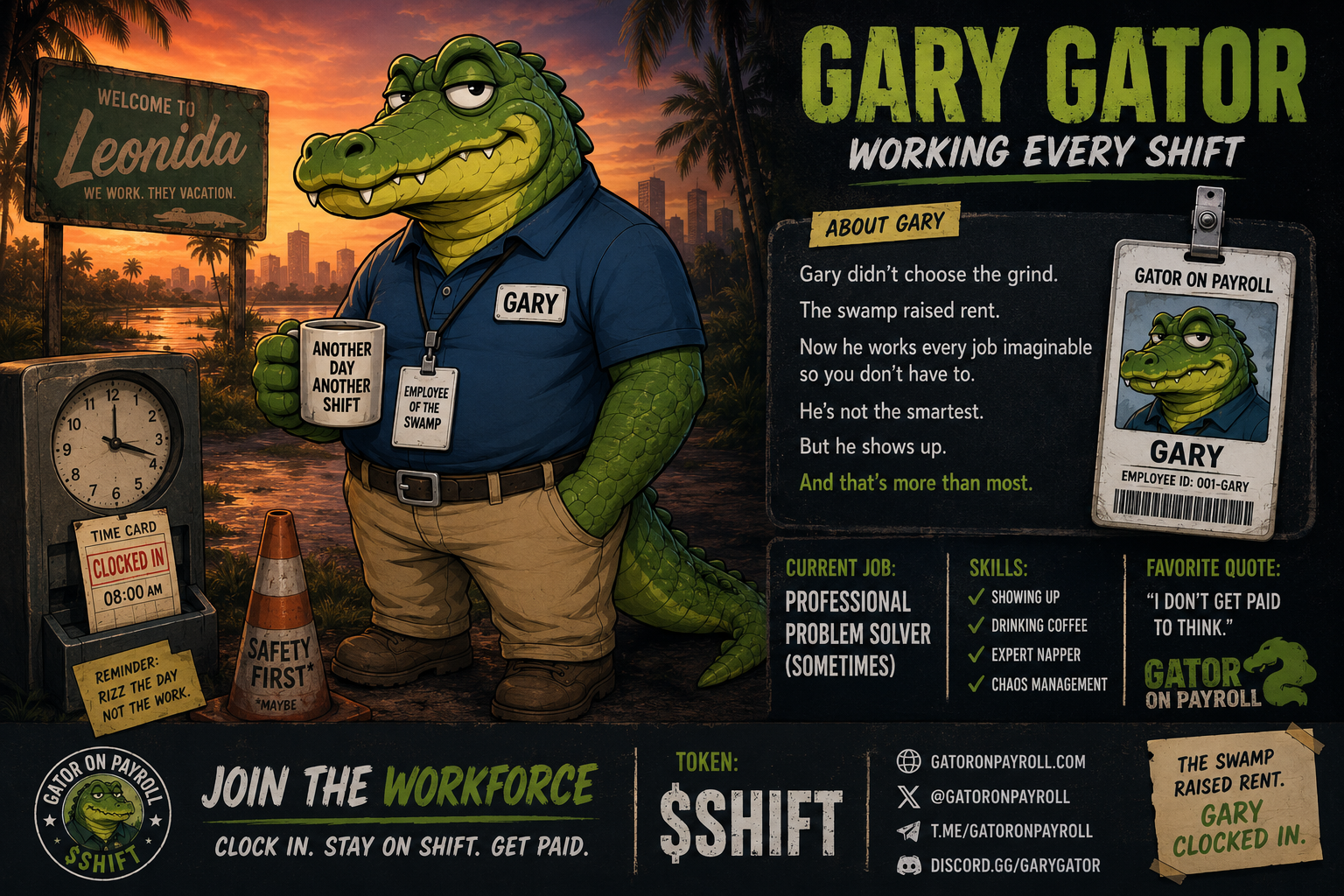 Gary Gator promotional poster with his story, job details, and SHIFT branding
