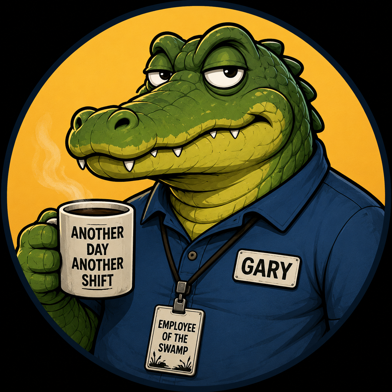 Gary Gator holding a coffee mug and wearing his work uniform
